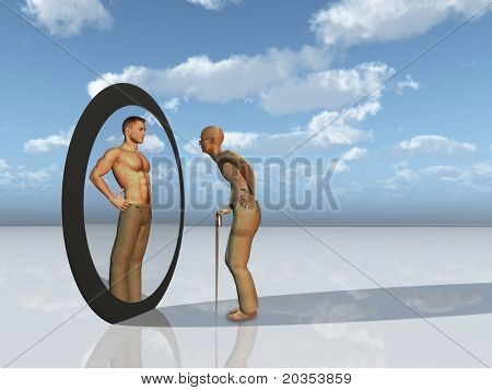 คนสูงอายุมองเห็นอดีตตนเองในกระจก