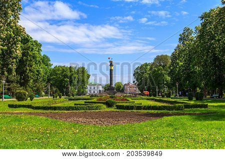 POLTAVA, UKRAINE - May 15, 2017: The corpus garden is the central park of Poltava, laid in the first half of the 19th century around the Monument of Glory