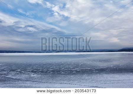 View of iced oslo fjord in winter day in norway