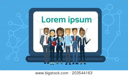 Diverse Group Of Businesspeople Over Laptop Computer With Finance Infographic Business Team Presentation Or Conference Concept Flat Vector Illustration