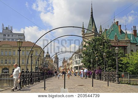 Kosice Slovakia - June 28 2017: people are walking by lovers' Bridge in Kosice Slovakia