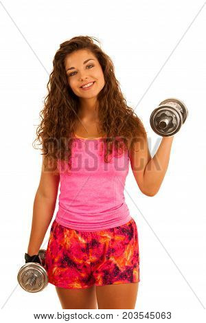 Active Young Fit Woman Workout With Dubbells Isolated Over White Background