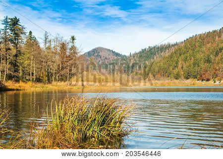 Beautiful lake Bajer, colorful autumn landscape, Fuzine, Gorski kotar, Croatia