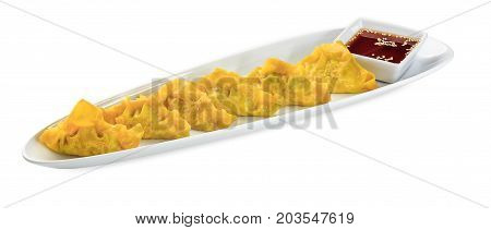 Gedza Dumplings With Chicken And Pork Plate - Isolated On White