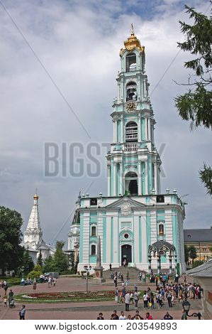 Sergiyev Posad Russia - 15 July 2017: Bell tower in Trinity Sergius Lavra. Built in 1740-1767