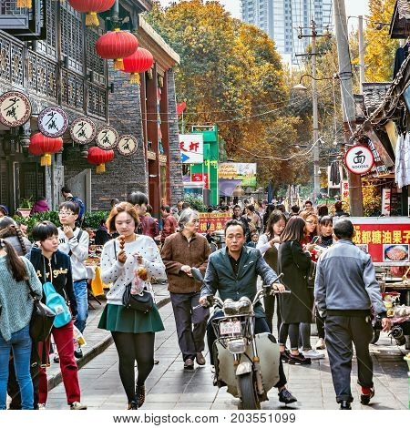 Chengdu China - October 29 2016: Crowdy market by Wenshu monastery in the city center