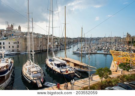 Boats And Yachts Anchoring In Valletta, Malta