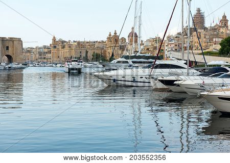 Boats And Yachts Anchoring In Valletta, Malta