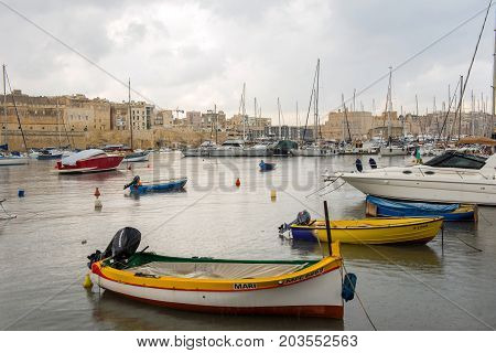 Boats And Yachts Anchoring In Valletta, Malta