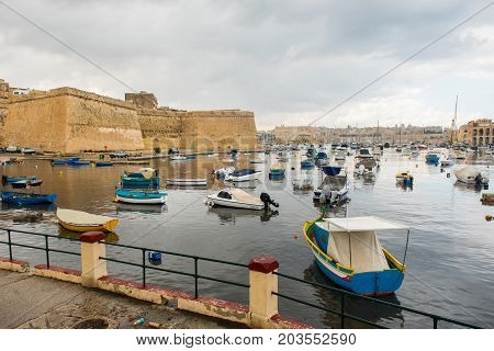 Boats And Yachts Anchoring In Valletta, Malta
