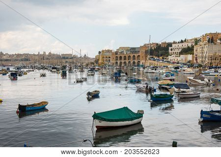 Boats And Yachts Anchoring In Valletta, Malta