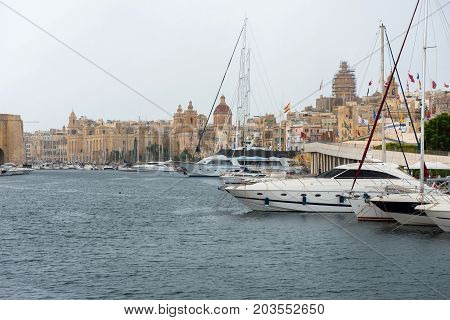 Boats And Yachts Anchoring In Valletta, Malta