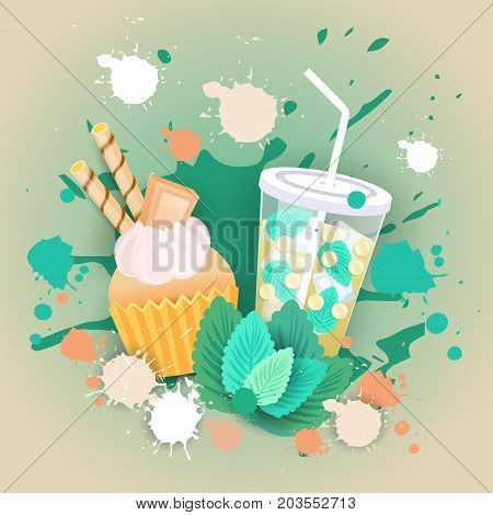 Fresh Muffin With Cocktail Logo Cake Sweet Beautiful Cupcake Dessert Delicious Food Flat Vector Illustration