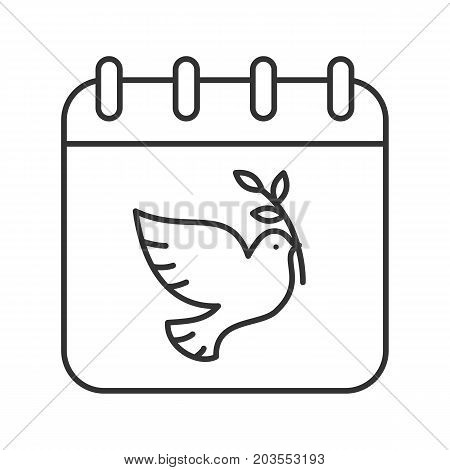 World Peace Day linear icon. Thin line illustration. September 21. Calendar page with dove and olive branch contour symbol. Vector isolated outline drawing
