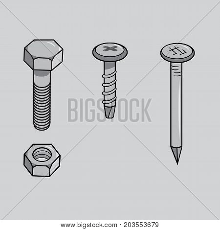 Vector bolt, nut, screw and nail. Isolated metal ware on grey background.
