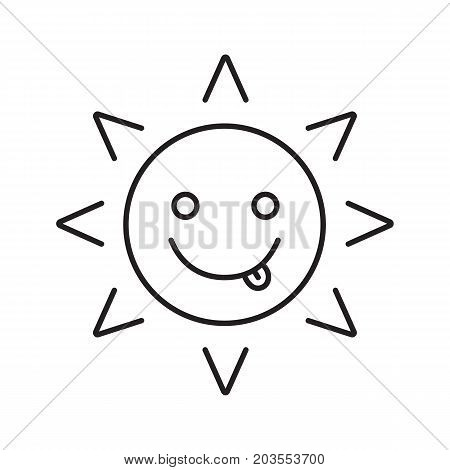 Yummy sun smile linear icon. Tease smiley thin line illustration. Contour symbol. Silly, goofy, foolish sun emoticon. Vector isolated outline drawing
