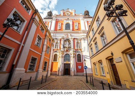 View on the facade of the Fara church in Poznan, Poland