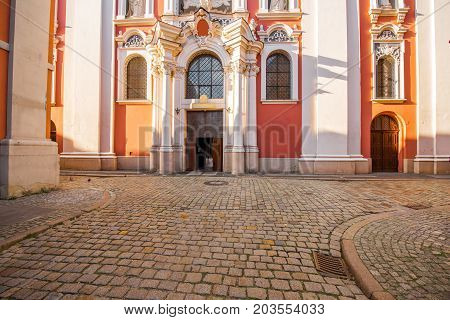 View on the facade of the Fara church in Poznan, Poland