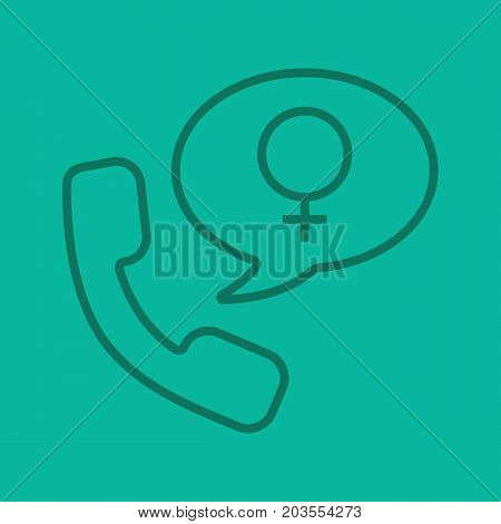 Women's consultation color linear icon. Handset with women gender sign inside speech bubble. Thin line outline symbols on color background. Vector illustration