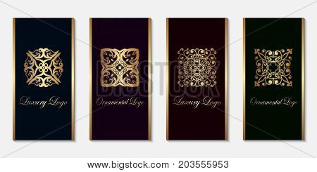 Logo Design Templates Set With Golden Gradient On Dark Background. For Luxury Products, Emblems, Pac