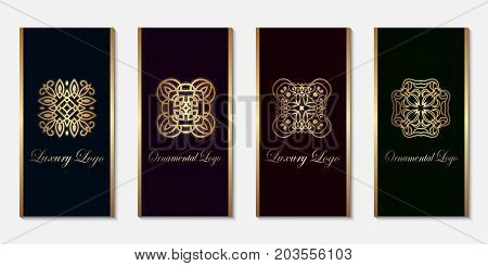 Logo Design Templates Set With Golden Gradient On Dark Background. For Luxury Products, Emblems, Pac