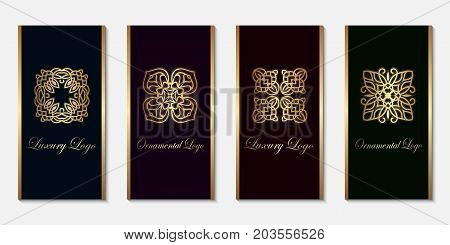 Logo Design Templates Set With Golden Gradient On Dark Background. For Luxury Products, Emblems, Pac