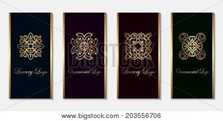 Logo Design Templates Set With Golden Gradient On Dark Background. For Luxury Products, Emblems, Pac