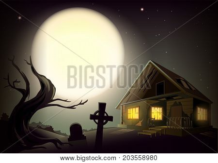 Halloween gloomy night landscape. Big full moon in sky. House with glow windows, tree and cemetery. Vector cartoon illustration