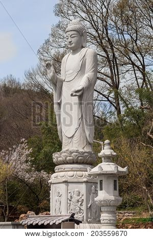 Budda statue in buddhist temple Songgwangsa South Korea. 12 april 2017