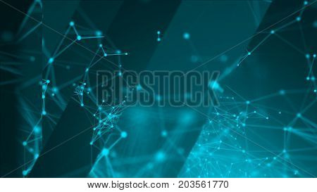 abstract blue geometrical background with moving lines and dots. 3d rendering