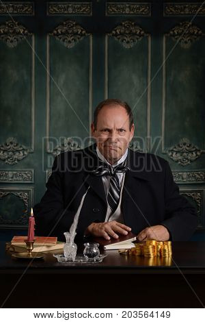 portrait of victorian boss mad with low profit