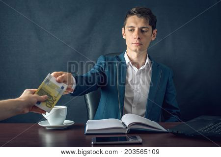Man Businessman In Suit Refuses To Take The Money By Showing That He Is Not A Grafter. Concept Of Co