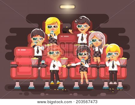 Stock vector illustration cartoon characters children, classmates, pupils, schoolboys, schoolgirls, boys, girls sitting in armchairs, cinema hall, eat popcorn, watching movie in 3d glasses flat style