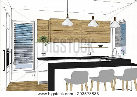 3D rendering. Modern kitchen furniture design in light interior with wood accents. Kitchen peninsula in the room. Float pendant lights. Cabinets, art, style, realestate, office, homedecor, barstools.