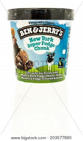 Winneconne WI - 7 September 2017: A container of Ben and Jerry's ice cream in New York super fudge chunk flavor on an isolated background.