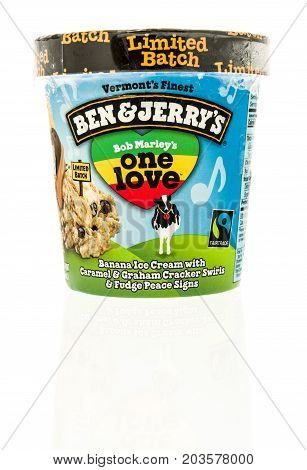 Winneconne WI - 7 September 2017: A container of Ben and Jerry's ice cream in Bob Marley's one love flavor on an isolated background.