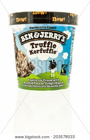 Winneconne WI - 7 September 2017: A container of Ben and Jerry's ice cream in Truffle Kerfuffle flavor on an isolated background.