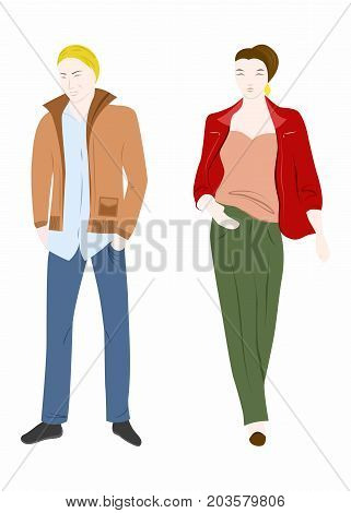 illustration in the style of flat design with portraits of man and woman.