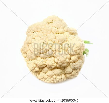 Ripe cauliflower with green leaves isolated on white background. Top view