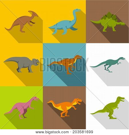 Different dinosaurs icon set. Flat style set of 9 different dinosaurs vector icons for web design