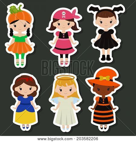 Happy Halloween. Set of cute cartoon children in colorful halloween costumes. Collection of beautiful halloween stickers.