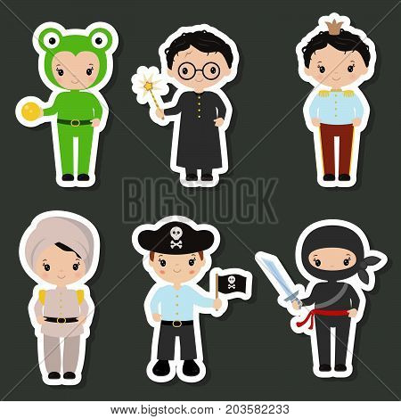 Happy Halloween. Set of cute cartoon children in colorful halloween costumes. Collection of beautiful halloween stickers.