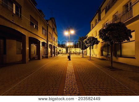 Street in Zory in the evening. Poland Europe.