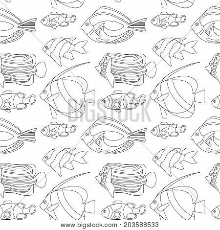 Outlined coral fishes seamless pattern tile. Tropical fish seamless pattern. Coloring paper swatch. Black and white coral fishes for coloring. Sea animals drawing. Aquarium fish seamless pattern