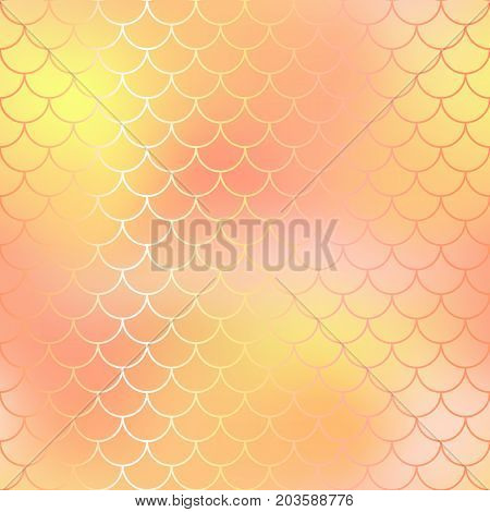 Fish scale pattern background. Gradient mesh vector texture. Blush pink and yellow fish skin background. Fantastic gold fish pattern. Mermaid vector pattern. Fish skin seamless pattern in golden color