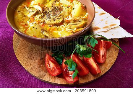 Home Made Risotto With Mushrooms In Russian Style.