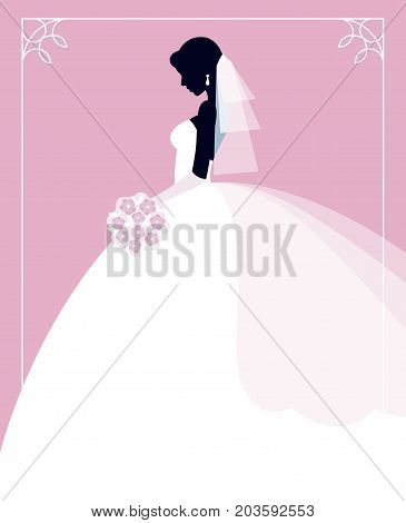 Profile of the bride in a wedding dress with a bouquet of flowers in her hands Stock vector illustration