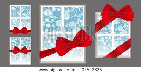 Windows with red ribbon and bow as a gift with a winter view. Set illustrations. Vector.