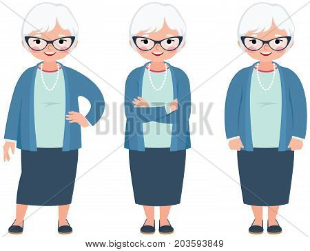 Senior Elderly Gray Haired Woman On A White Background In Full Length In Different Poses