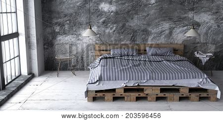 A loft style bedroom with recycled pallet bed. Brigth eco design scheme is bright and minimalistic. 3D render.